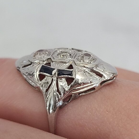 Antique 18K White Gold Art Deco Shield Ring with Diamonds and Sapphires - Picture 13 of 15